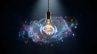 Glowing light bulb with digital energy particles and neural network connections symbolizing innovation, creativity, and intelligent ideas for business and technology concepts.