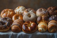 Fresh assorted artisanal breads and pastries including bagels, croissants, and rolls arranged in rows on rustic linen cloth, showcasing variety of bakery products.