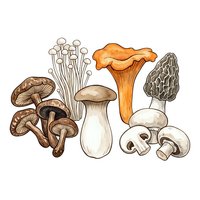 Botanical illustration of various edible and wild mushroom species including chanterelle, morel, button mushroom, and puffball fungi isolated on white background for culinary and educational design use.