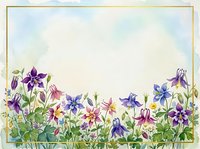 Watercolor columbine flowers border frame with gold outline, purple pink blue blooms on soft sky background, copy space for text.
