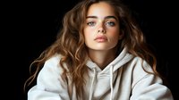 Young Caucasian woman with wavy brown hair and natural makeup wearing white hoodie against dark background, dramatic studio lighting creates moody portrait.