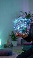 Glowing holographic liver organ floating above open palm in modern medical office setting with neon lighting and plants in background for healthcare technology.