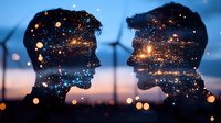 Double exposure silhouettes of young couple facing each other with night city lights and bokeh effects merged into their profiles creating romantic mood.