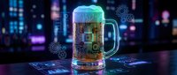 Digital beer mug with glowing circuit board patterns and holographic technology elements on futuristic neon background for tech concepts.