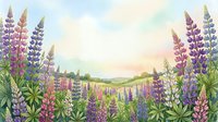 Watercolor lupine field in bloom with purple, pink, and white flowers under a soft pastel sky, framing a serene countryside landscape.