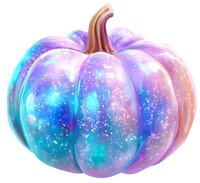 Magical galaxy pumpkin with cosmic pattern in turquoise, purple and pink colors featuring sparkling stars and nebula swirls on white background.