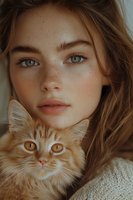 Close up portrait of young Caucasian woman with freckles and green eyes holding ginger cat. Natural beauty and pet photography concept for lifestyle blogs and magazines.