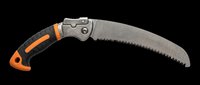 Folding pruning saw with curved serrated blade and orange black grip, isolated on transparent background, ready for T-shirt, sticker, clipart, and print on demand use.