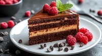 Slice of layered chocolate cake with creamy filling, topped with chocolate ganache and fresh raspberries, garnished with mint leaf on white plate, dark background.