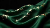 Luxurious emerald green silk fabric with golden floral embroidery flowing in elegant waves against dark background for premium textile design.