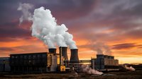 Industrial power plant with smoking chimneys against dramatic sunset sky. Energy production facility with steam emissions during golden hour twilight.