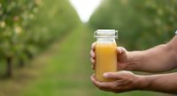 Farmer holding glass jar of fresh apple juice in orchard with green trees in background, agricultural harvest and organic beverage production.