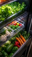 Fresh vegetables and greens in open refrigerator drawers with dramatic lighting. Healthy organic produce including carrots, peppers, cucumbers, and leafy greens stored properly.
