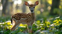 Young spotted whitetail fawn standing alert in lush green forest undergrowth with soft bokeh background lighting creating magical woodland atmosphere.