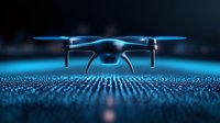 Modern drone silhouette hovering over glowing blue digital surface with particle effects in dark background, futuristic technology concept for aerial photography.