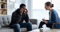 Stressed African American man holding head in hands during therapy session with female counselor in modern office setting for mental health support.