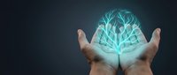 Hands holding glowing neural network tree structure, representing artificial intelligence, data science, technology innovation, and digital transformation concepts for business solutions.
