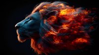 Majestic lion head profile with fiery mane dissolving into burning flames and smoke against dark background, dramatic artistic fantasy composition for creative projects.