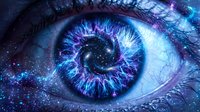 Cosmic eye with galaxy spiral iris in purple and blue tones. Mystical vision concept for spiritual and fantasy themes. Surreal digital art composition.