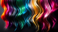 Vibrant multicolored wavy hair strands flowing against dark background showcase diverse rainbow hues from red to pink, creating dynamic movement pattern.
