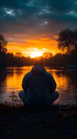 Person in winter clothing sitting alone by lake at sunset, silhouetted against dramatic orange sky and reflective water surface, creating peaceful meditation scene.