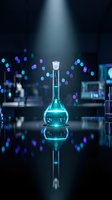 Glass flask with glowing blue liquid in modern laboratory setting with bokeh lights and dramatic spotlight for scientific research concepts.