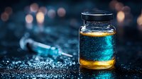 Glowing jar with luminescent blue liquid on dark background with bokeh lights and water drops, creating magical scientific atmosphere. For fantasy designs.