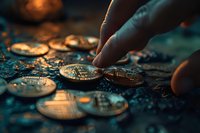 Golden cryptocurrency coins in dramatic lighting with hand touching digital money, perfect for finance, technology, and investment concepts. Dark moody background with selective focus.