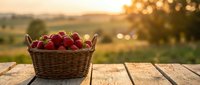 Fresh red apples in wicker basket on rustic wooden table at sunset with blurred countryside landscape background for harvest season marketing materials.