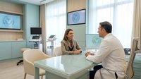 Professional medical consultation between doctor and female patient in modern clinic office with natural lighting and contemporary design.