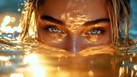 Close up view of bright blue eyes with wet golden hair and water reflections creating magical light effects and bokeh at sunset, artistic portrait photography.