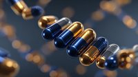 Pharmaceutical capsules in blue, gold, and transparent colors arranged in a spiral pattern against dark background with bokeh effect.