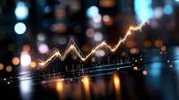 Glowing financial chart with upward trend line against dark background with bokeh lights, showing market growth and business analytics visualization.