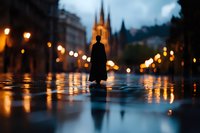 Silhouette of person standing on wet cobblestone street at dusk, gothic church spires and glowing street lamps create moody atmosphere with reflections in rain puddles.