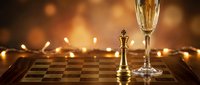 Golden chess king piece and champagne flute on chessboard with warm bokeh lights creating luxurious celebration atmosphere for success and victory concepts.