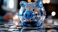 Shiny blue transparent piggy bank with coins scattered underneath, captured with soft bokeh lights background creating financial savings atmosphere.