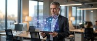 Mature male professional in business casual attire holding holographic digital display in modern office environment with colleagues working at desks in background.