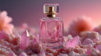 Elegant pink perfume bottle surrounded by rose quartz crystals and soft pink flowers on dreamy pastel background for luxury beauty and wellness concepts.