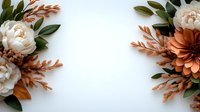 Floral composition with white peonies and terracotta chrysanthemums arranged on corners with green leaves on white background, suitable for wedding design.