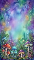 Enchanted forest scene with whimsical mushrooms, glowing magical lights, and swirling cosmic energy in vibrant purple, blue, and green watercolor tones. Fantasy woodland illustration.