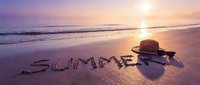 Word SUMMER written in wet sand on a beach at sunset, with straw hat and sunglasses, warm purple and golden tones.