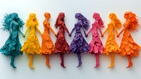 Colorful paper cut silhouettes of dancing women in flowing dresses holding hands, arranged in rainbow sequence against white background. Decorative wall art design.