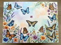 Watercolor butterflies and wildflowers in soft pastel tones, featuring monarch and blue morpho species among lavender and daisies.