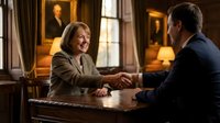 Mature woman with blonde hair and man in business attire shaking hands across wooden desk in elegant office with warm lighting and classical decor, representing corporate agreement, partnership, or successful negotiation.