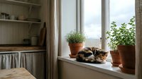 Tabby cat resting on sunny windowsill beside potted plants in cozy home interior with natural light and rustic decor.