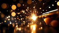 Glowing sparkler emitting bright golden sparks against dark background with festive bokeh lights, creating magical holiday atmosphere. Celebration moment captured.