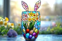 Colorful stained glass Easter bunny vase filled with decorated eggs and spring flowers against blurred garden background, creating magical holiday atmosphere.