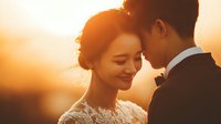 Asian bride and groom sharing intimate moment during golden hour sunset. Romantic wedding photography with warm lighting for marriage celebration materials.