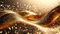 Luxurious gold and black waves with glowing sparkles and bokeh effects create dynamic flowing motion against dark background, suitable for festive designs.