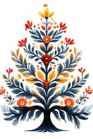 Symmetrical folk art tree with orange and red flowers, navy blue branches and golden leaves on white background. Watercolor style botanical illustration.